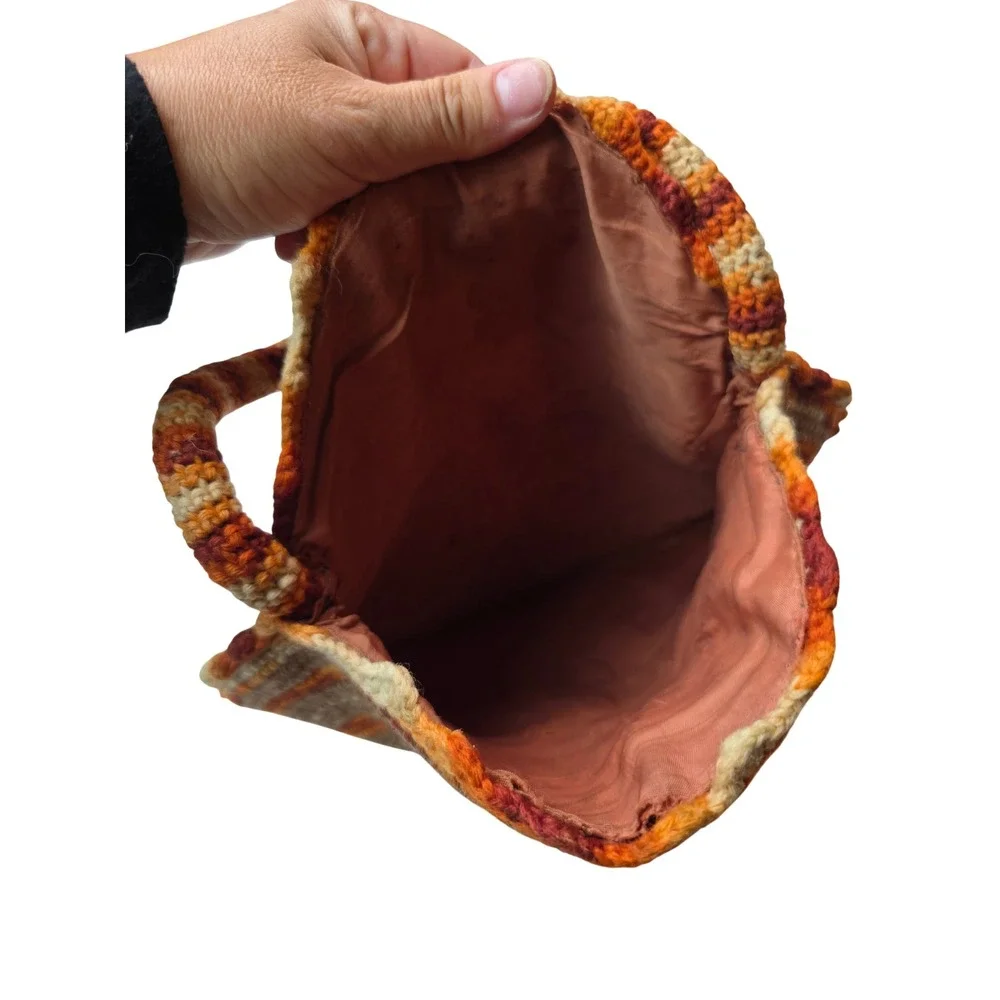 Vintage Handmade Crochet Circle Bag Orange Brown Spiral Round Tote Boho Lined G1